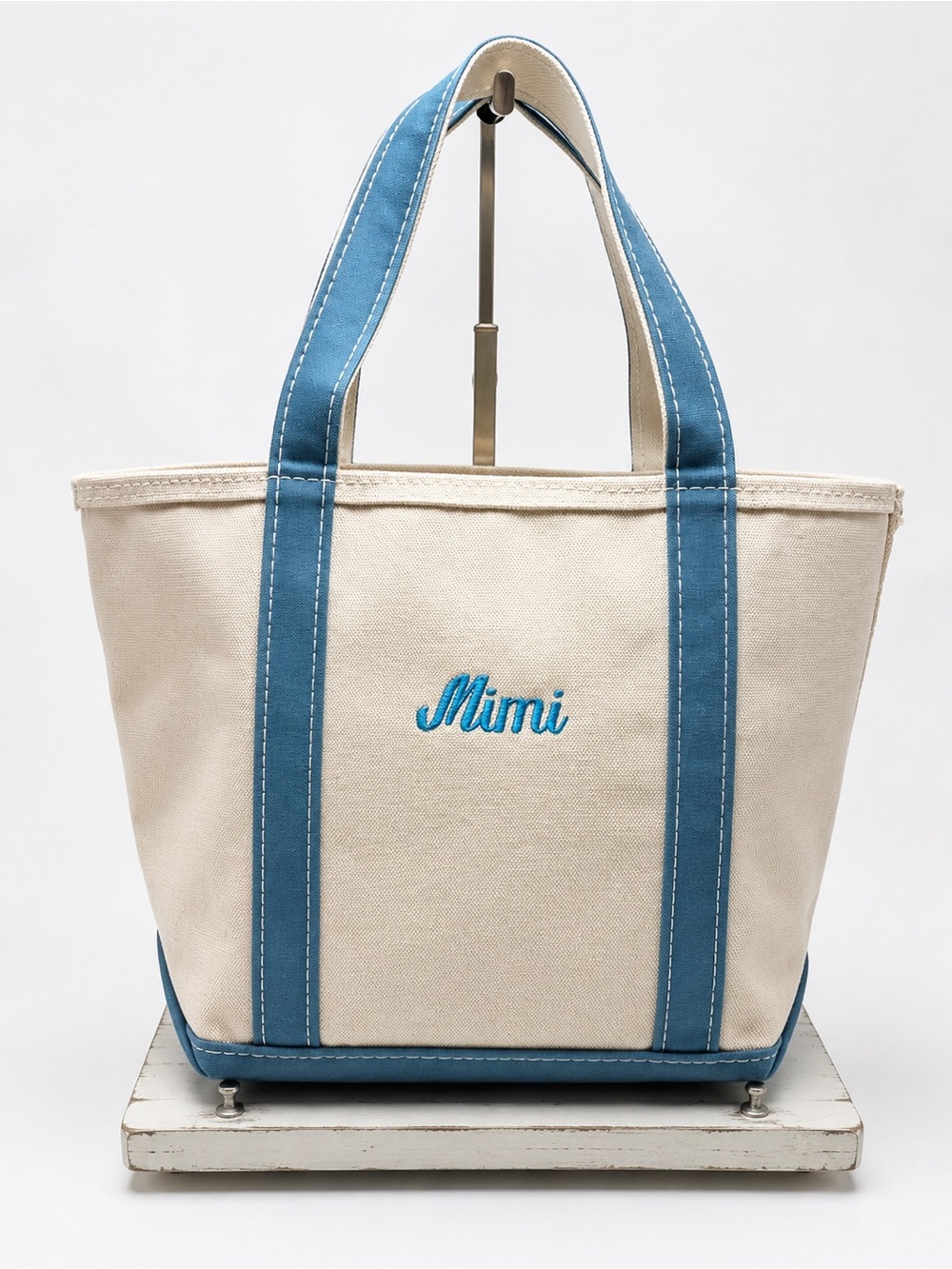 Canvas Tote Bag with Blue Accents - Mimi Embroidery